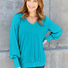 Basic Bae Full Size V-Neck Lantern Sleeve Top - Sky Blue