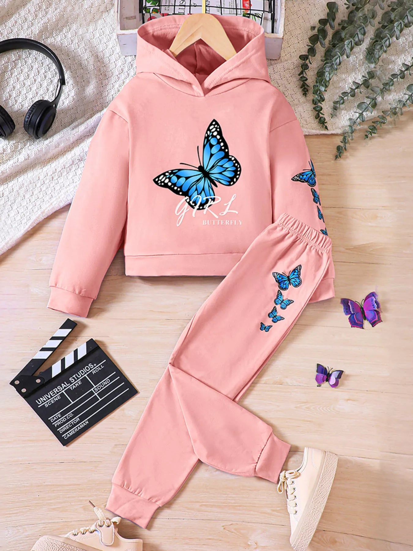 Childrens's Butterfly Print Hoodie & Pants Set - Farnelli