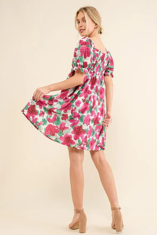 And The Why Smocked Floral Ruffle Short Sleeve Mini Dress - Farnelli