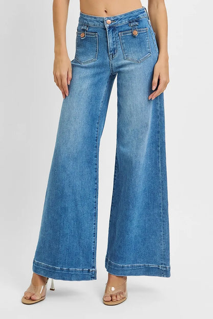 RISEN Full Size Mid Rise Wide Front Patch Pocket Jeans Plus Size - Farnelli