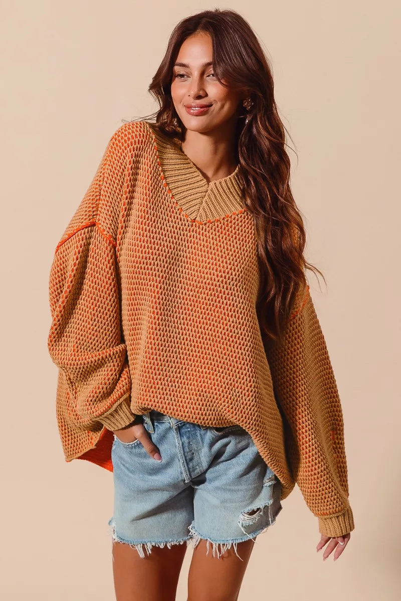 SO ME Oversized Two Tone Textured V Neck Sweater - Farnelli