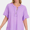 Zenana Exposed Seam Half Button Short Sleeve Top - LAVENDER