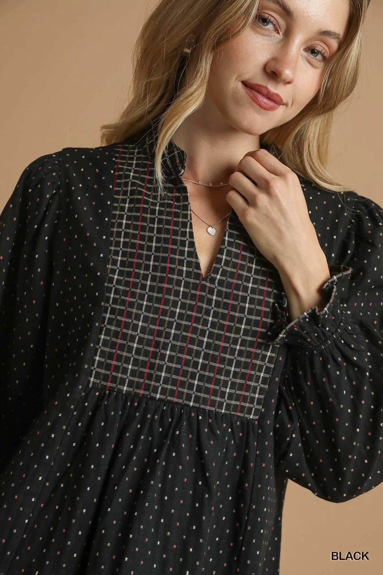 Umgee Polka Dot Plaid Trim Babydoll Dress - Farnelli