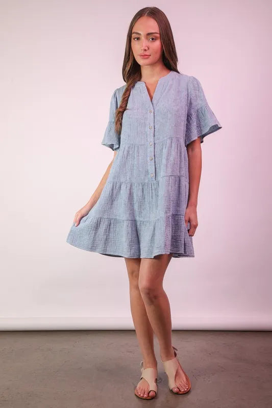 VERY J Mineral Washed Baby Bell Sleeve Woven Mini Dress - Farnelli