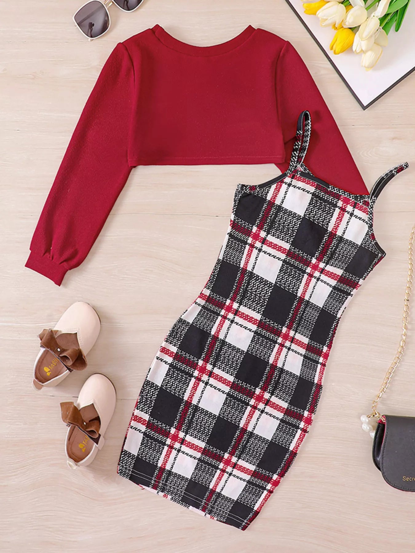 Children's Plaid Print Long Sleeve Dress Set - Farnelli