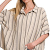 Zenana Woven Yarn-Dye Stripe Oversized Button Down Shirt - TAUPE