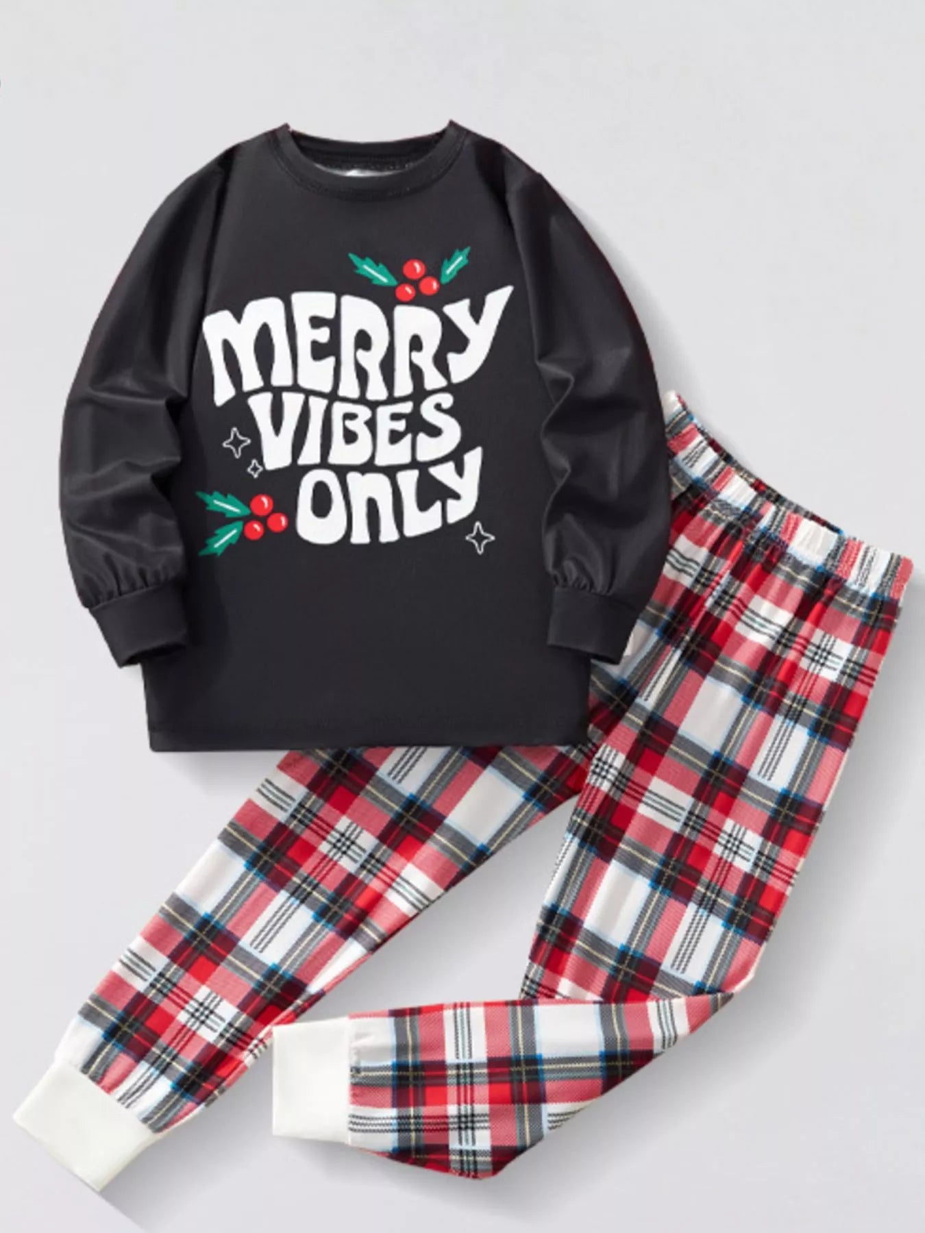 Children's Christmas Round Neck Top and Plaid Pants Set - Farnelli