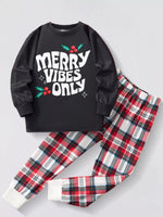 Children's Christmas Round Neck Top and Plaid Pants Set - Farnelli
