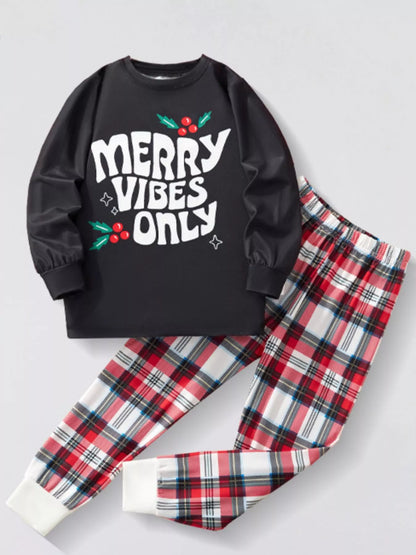 Children's Christmas Round Neck Top and Plaid Pants Set - Farnelli