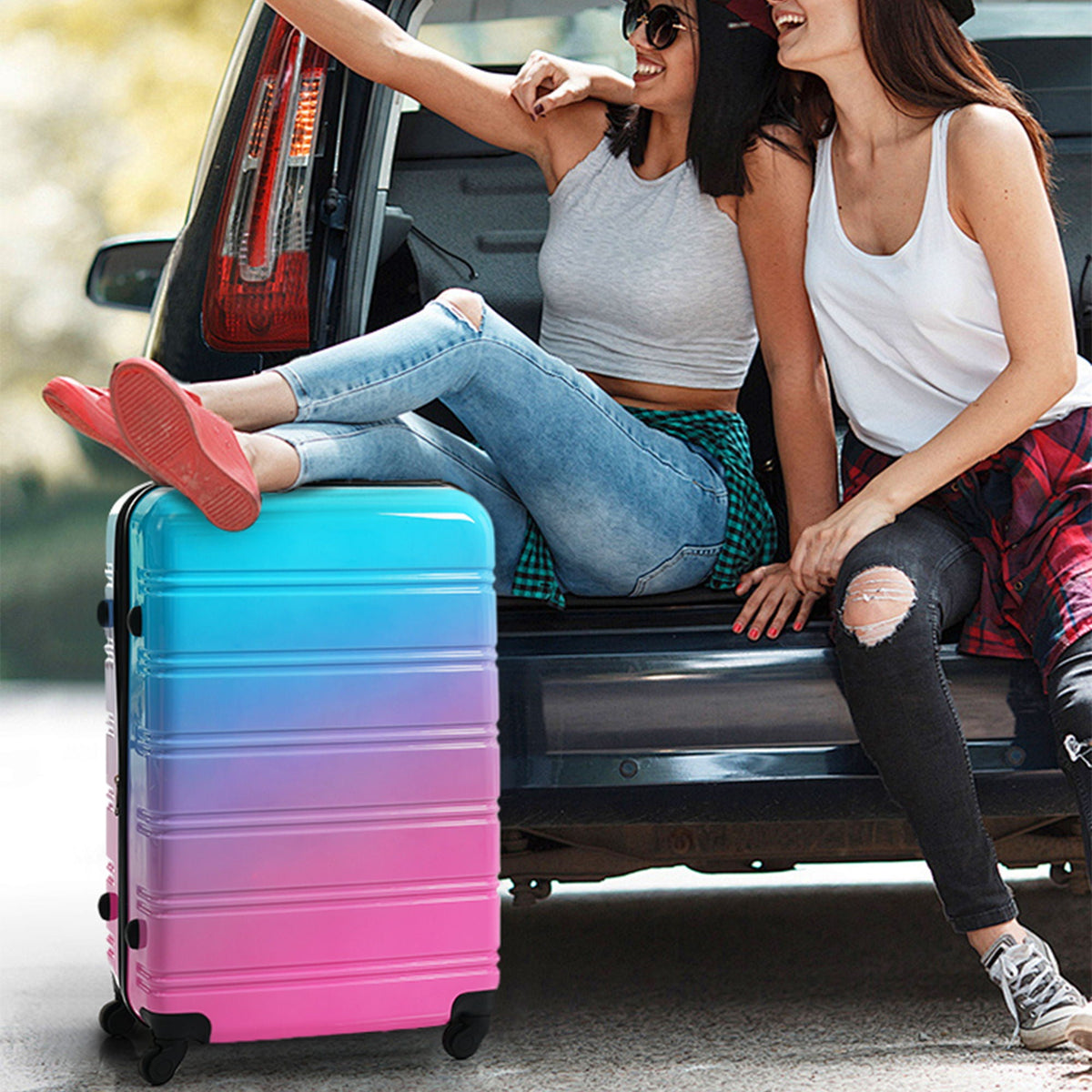 HouseOfZazla gradient color hardshell luggage set with spinner wheels and TSA lock in light blue or purple