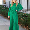 Double Take Full Size Textured Long Sleeve Top and Drawstring Pants Set - Green