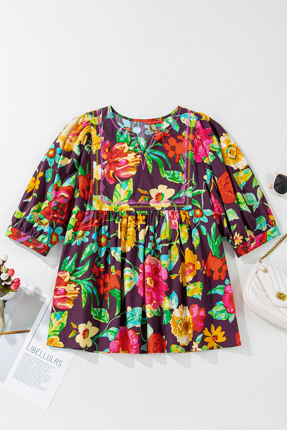 Adhara Flower Embroidered Trim Half Sleeve Blouse - Farnelli