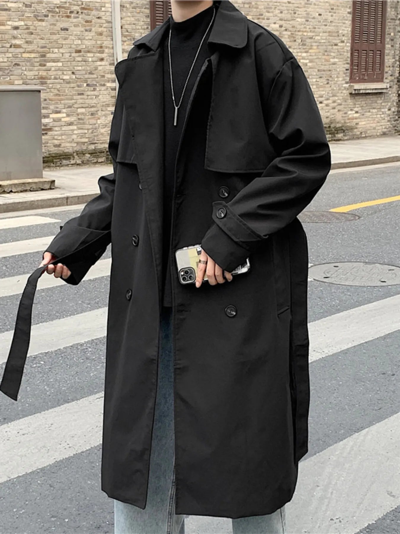 Men's Collared Neck Long Sleeve Double-Breasted Trench Coat - Farnelli