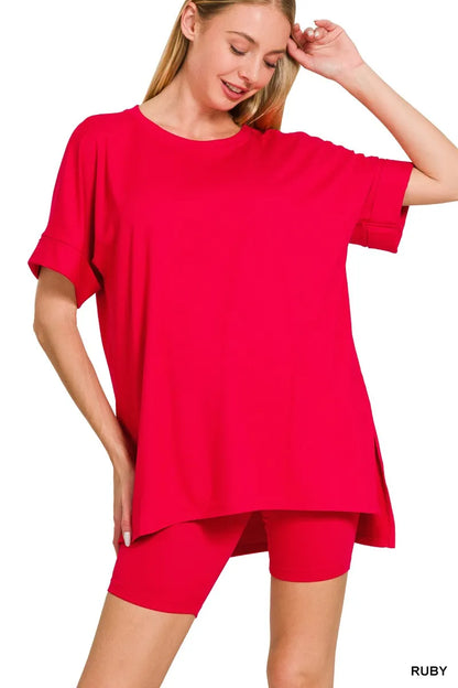 Zenana Full Size Brushed Dty Microfiber Round Neck Top and Biker Shorts Set Plus Size - Farnelli