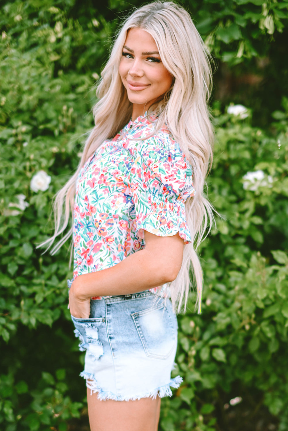 Azaria Floral Print Button Split Neck Puff Sleeve Blouse - Farnelli