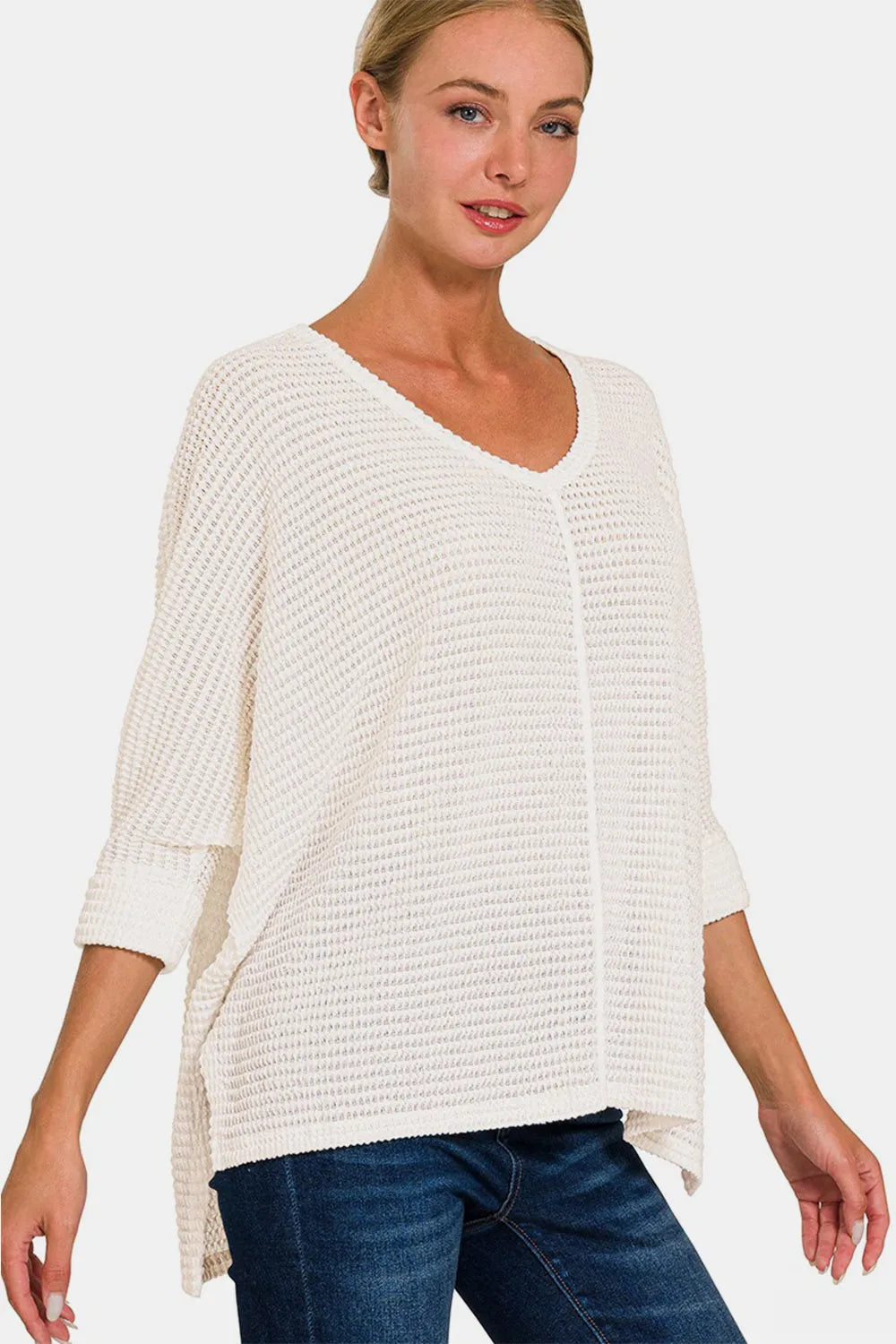 Zenana Full Size Round Neck High-Low Slit Knit Top - Farnelli
