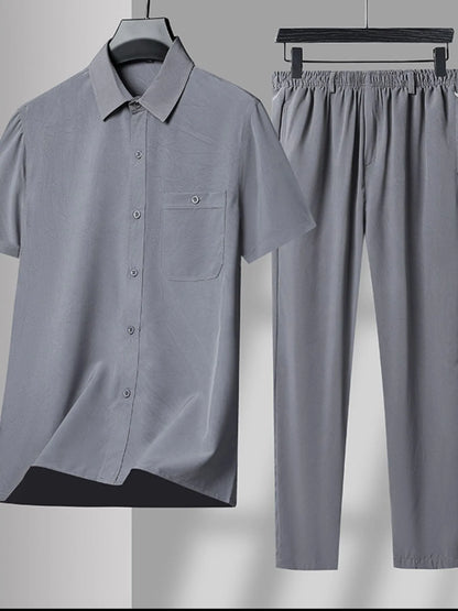 Men's Plus Size Button Up Short Sleeve Shirt and Pants Set - Farnelli