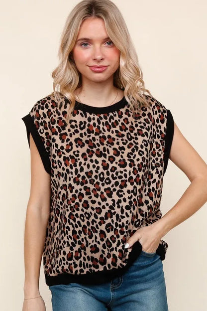 Haptics Leopard Print Dolman Cap Sleeve Knit Top - Farnelli