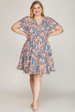 She + Sky Full Size Ruffled Hem Printed Surplice Kimono Sleeve Mini Dress Plus Size - Farnelli