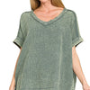 Zenana Acid Washed Double Gauze V-Neck Tee - ASH JADE