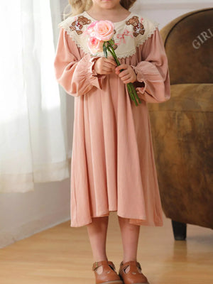 Children's Teddy Bear Embroidered Collar Long Sleeve Dress - Farnelli