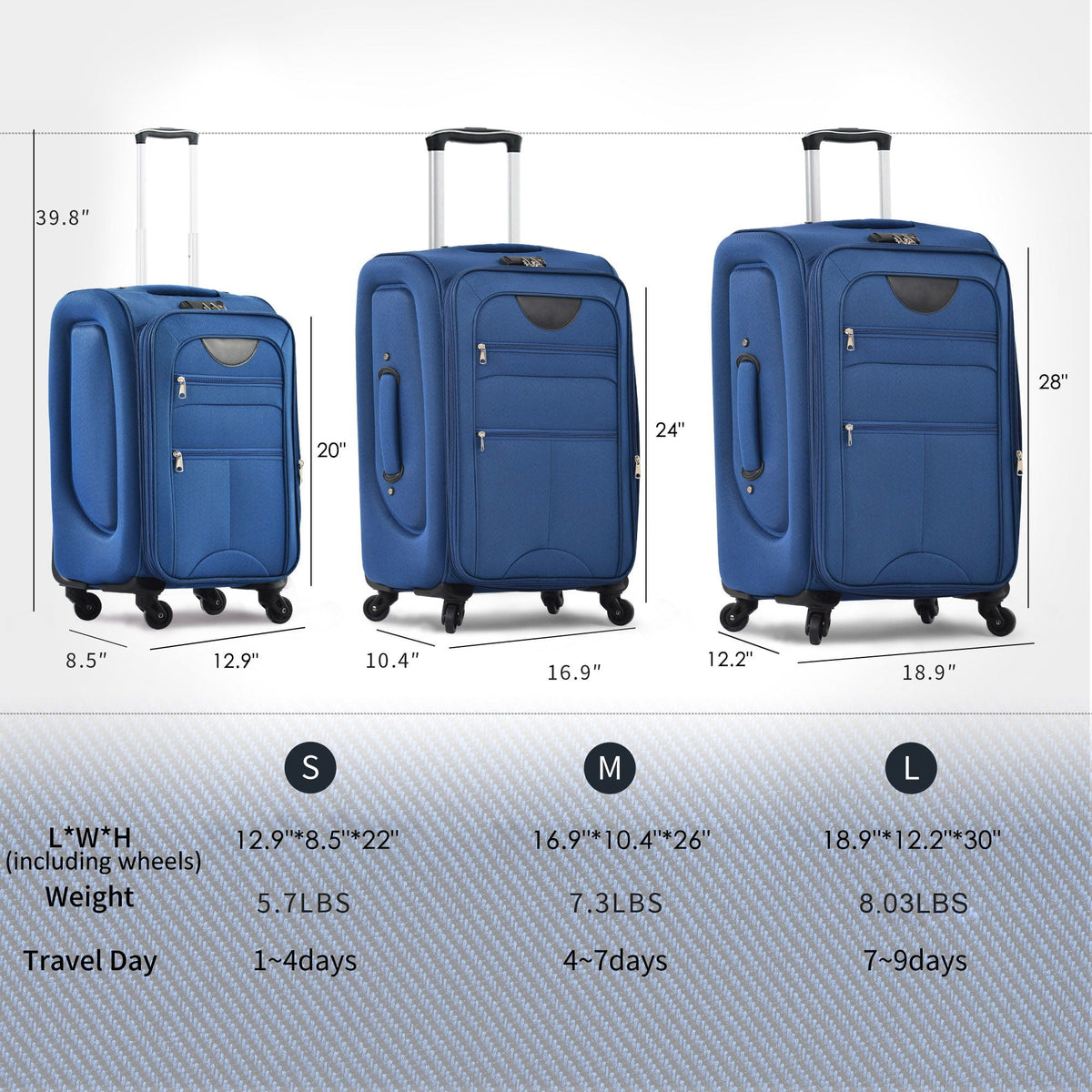 HouseOfZazla expandable softside luggage 3-piece set with spinner wheels in multiple colors