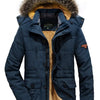 Men's Plus Size Zip Up Long Sleeve Puffer Coat with Faux Fur Hood - Dark Blue
