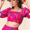 Davi & Dani Smocing Bodice Puff Short Sleeve Printed Crop Top - CANDY PINK