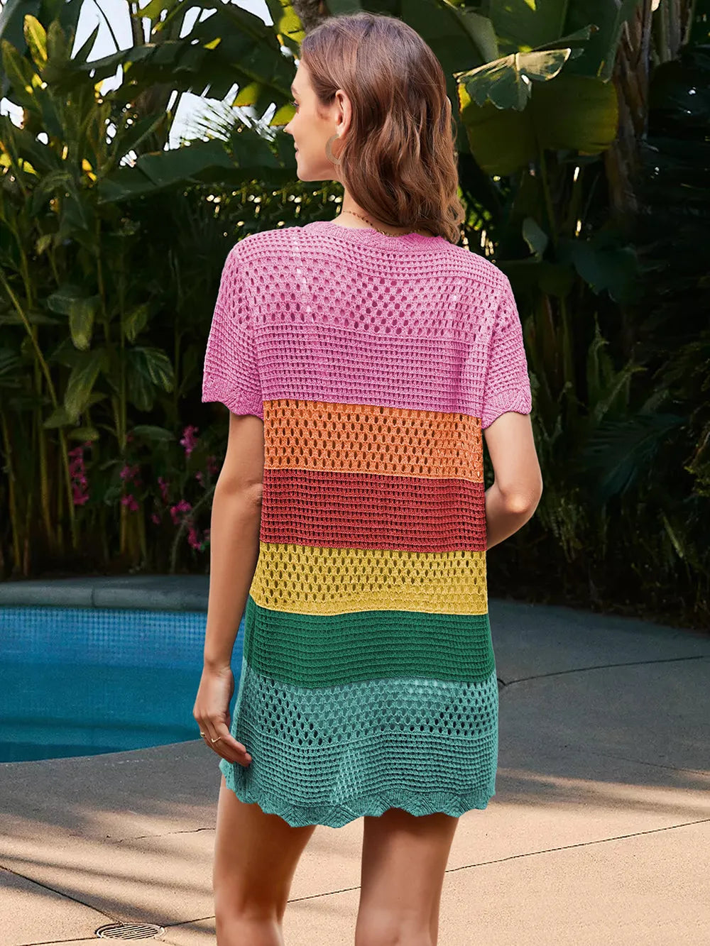 Openwork Round Neck Short Sleeve Cover-UP - Farnelli
