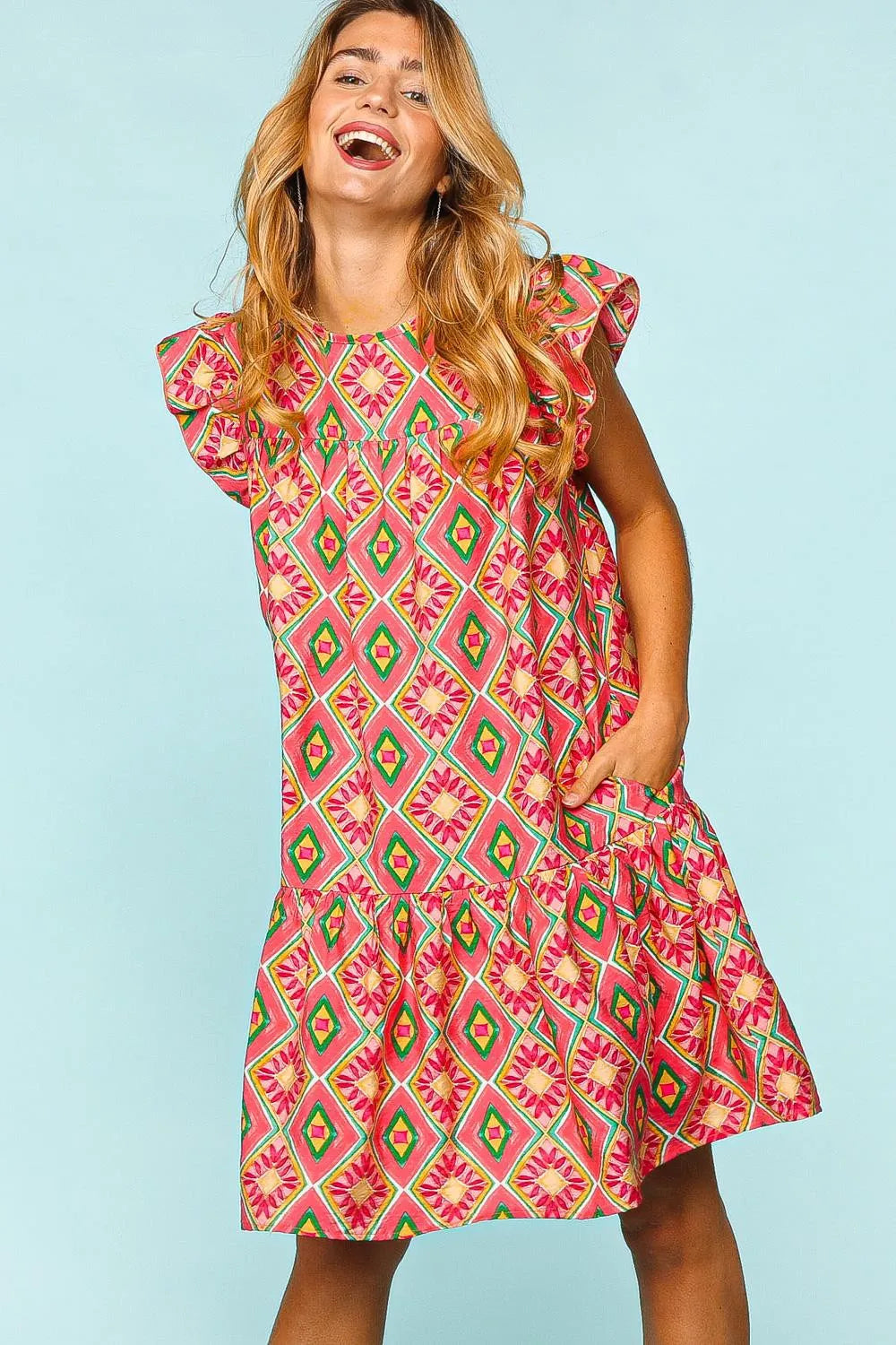 Haptics Full Size Ruffled Printed Dress with Side Pockets - Farnelli