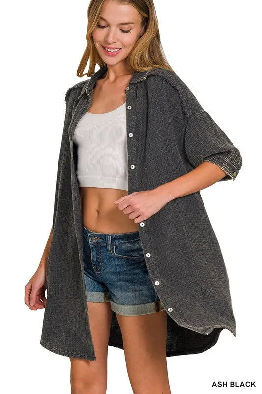 Zenana Washed Double Gauze Button Down Shirt Dress - Farnelli