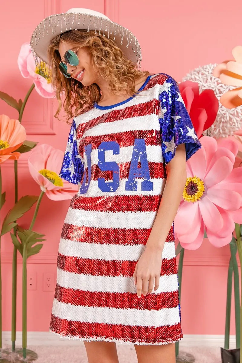 BiBi American Flag Theme Usa Print Sequin Dress - Farnelli