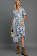 Umgee Full Size Printed Puff Short Sleeve Midi Dress Plus Size - Farnelli