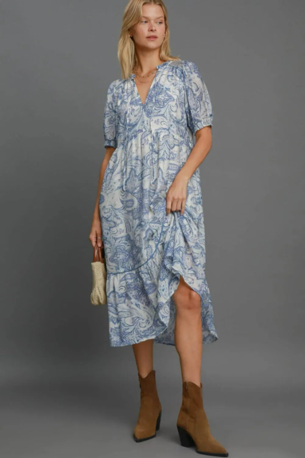Umgee Full Size Printed Puff Short Sleeve Midi Dress Plus Size - Farnelli