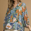 Umgee Multicolor Abstract Floral Print Blouse with Ruffle Neck - GREEN MIX