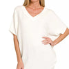 Zenana Raised Rib V-Neck Batwing Top - WHITE