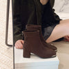 Square Toe Block Heels Boots - Brown