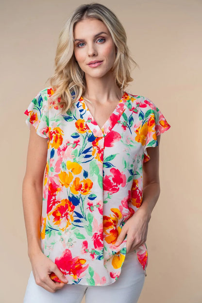 White Birch Full Size Short Sleeve Floral Woven Top - Farnelli