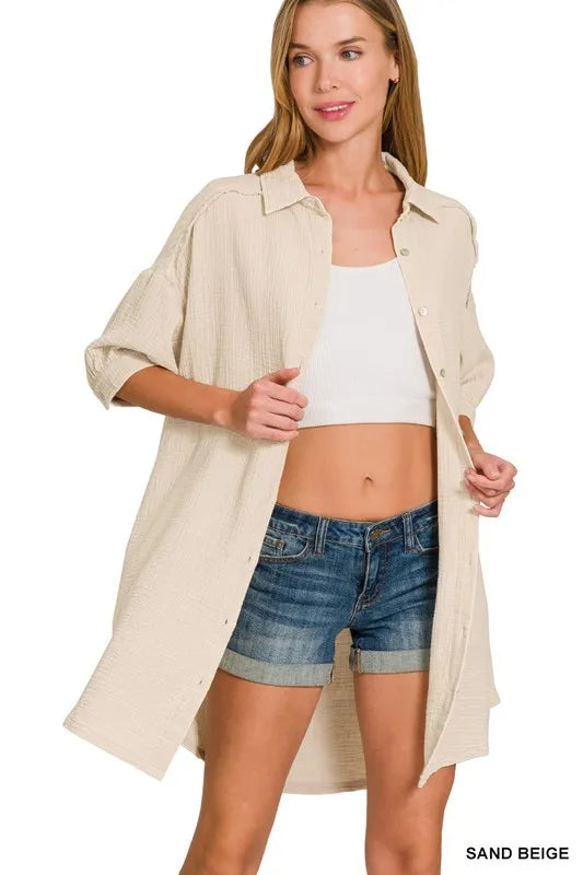 Zenana Washed Double Gauze Button Down Shirt Dress - Farnelli