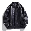 Men's Plus Size Collared Neck Leather Jacket - Black