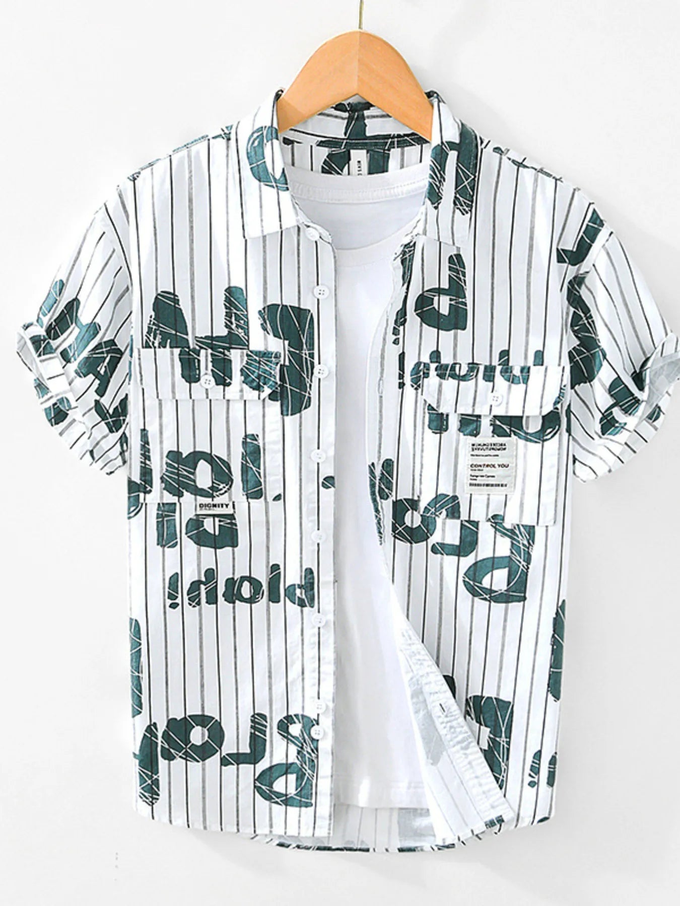 Men's Plus Size Letter Print Striped Short Sleeve Casual Shirt - Farnelli