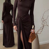 Turtleneck Long Sleeve Slit Maxi Dress - Dark Brown