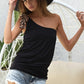 BiBi Rayon Span Knit One Shoulder Top with Leopard Ribbon - Farnelli