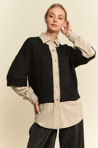 Davi & Dani Faux Layered French Terry Contrast Top - Farnelli