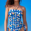 Floral Gingham Halter Neck Drawstring One Piece Swimwear - Blue
