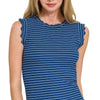 Zenana Ribbed Ruffle Trim Sleeveless Stripe Top - LT NAVY/WHITE
