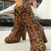 Lace Up Block Heels Boots - Leopard Brown