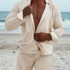 Men's Full Size Button Up Long Sleeve Shirt and Shorts Set Plus Size - Apricot