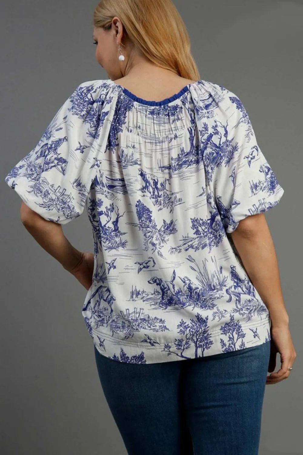 Umgee Full Size Two Tone Landscape Round Neck Print Top Plus Size - Farnelli
