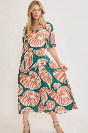 Umgee Full Size Printed Notched Puff Sleeve Midi Dress Plus Size - Farnelli